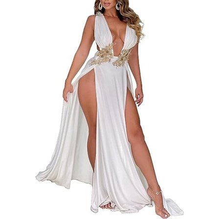 Kvinder Sexet Dyb V-hals Ærmeløs Maxi Kjole Høj Slids Broderi