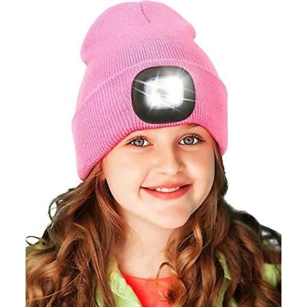 Beanie-hattu lapsille, jossa valo, kolikkoparistoilla toimiva handsfree-LED-otsalamppu, talvinen neulottu yövalohattu, taskulamppu, pinkki