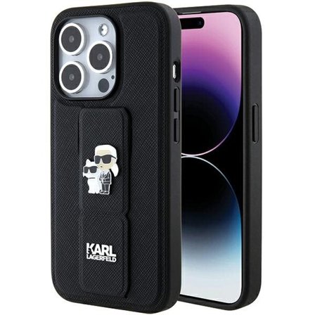 Karl Lagerfeld Gripstand Saffiano Karl&Choupette Pins-etui for iPhone 15 Pro - svart