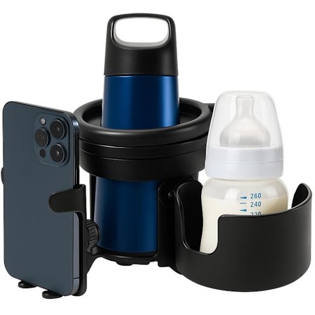3-i-1 Universal Kop- og Telefonholder, Egnet til Klapvogne, Cykler og Kørestole, Holder til Mobiltelefon, Drikke, Flaske, Kaffekop, Skridsikker