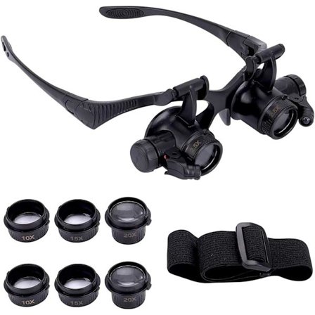 Förstoringsglas med 2 LED-lampor, 4 avtagbara linser, huvudmonterad