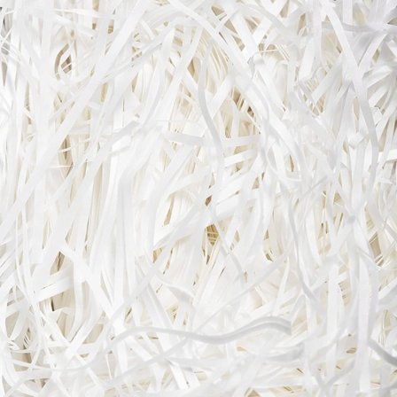 500g strimlat vitt papper med mjuka lockar för inslagning, perfekt för att fylla presentaskar, paket och korgar. Starkt raffia strimlat papper