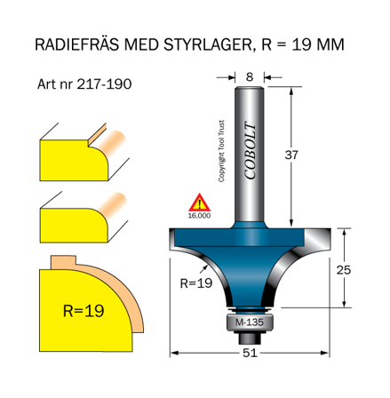 Cobolt 217-190 Afrundningsfræse R=19 D=51 L=25, Maskintilbehør & forbrugsvarer