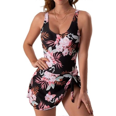 Dame Sideknude Print Svømmedragt med Mavekontrol, Badedragt med Skørt i Rosarød