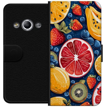 Kompatibel Tegnebogsetui til Samsung Galaxy Xcover 3 Detaljeret frugtmønster med citrusfrugter, kiwi, jordbær og blåbær på en mørk baggrund