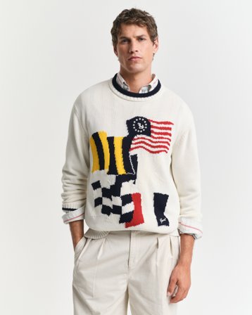 GANT Herren Flag Baumwoll-Rundhalspullover mit Intarsienstrickerei (S) Weiß