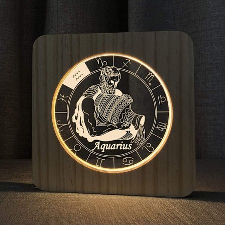 Trelampe med stjernetegn, 3D-illusjon nattlys for soverom, bursdagsfestdekorasjon (Vannmannen)