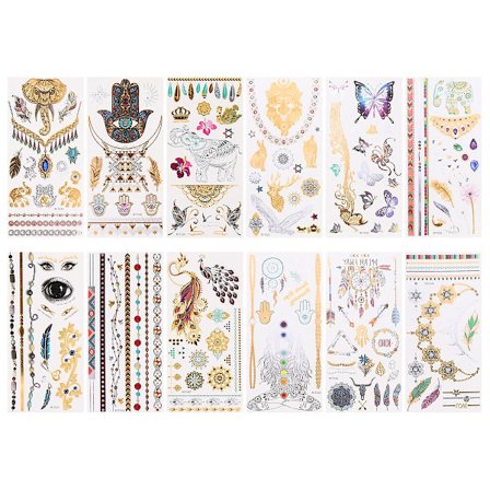 12 ark vattentäta tatueringar i guldfolie, tillfälliga tatueringar för kroppen (21X10X0,1CM, som visas på bilden)