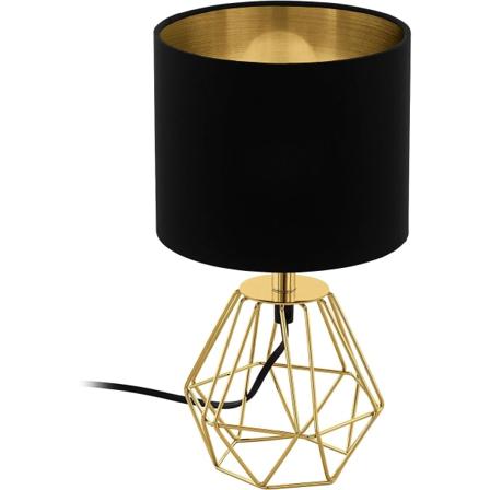 Vintage nattbordslampe, bordlampe i stål og gull og svart stoff, E27-sokkel, med bryter