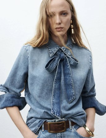 Mango Denim Shirt With Bow - Blue - XS