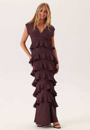 Bubbleroom Occasion Deep V-Neck Flounce Gown Dark Plum 44
