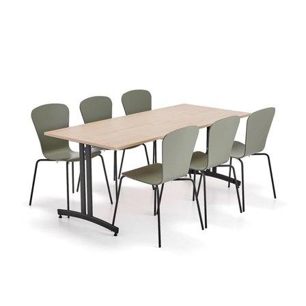 Zestaw mebli SANNA+MILLA, 1 stół i 6 krzeseł, czarny/oliwkowy