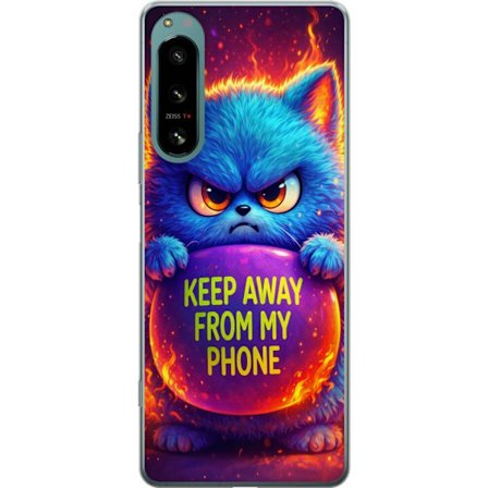 Kompatibelt Mobildeksel til Sony Sony Xperia 5 IV Sinna lodne blå katt med teksten "Hold deg unna telefonen min" i neonfarger og ildlignende effekter