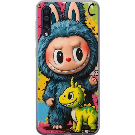 Samsung Galaxy A50 Genomskinligt Skal Söt figur i blå monsterdräkt Labubu med liten gul dinosaurie färgstark kawaii konst söt lekfull tecknad fil