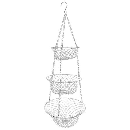 3-lags frugtkurv, grøntsagsopbevaringskurv til køkken, hængekæde, pladsbesparende frugter, planteopbevaringskurv (sølv)