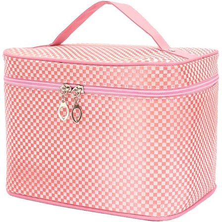 Stor toalettveske for kvinner og jenter (rosa rutete), glidelås toalettveske