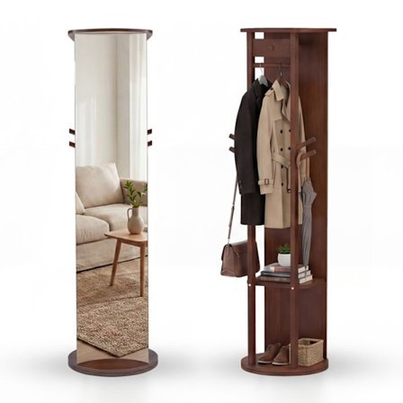 COSTWAY 3 i 1 Spejlskab med Stativ og Krog, 360° Drejelig Base, 2 Hylder, 2 Tøjstænger, 44 x 168 cm