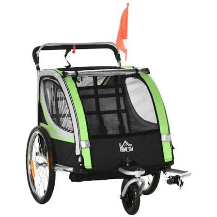 Rootz 2-i-1 cykeltrailer - Til 2 børn - Glidefunktion - Regnslag - Bremse - Oxford stof - Grøn + Sort - 142cm x 75cm x 101cm