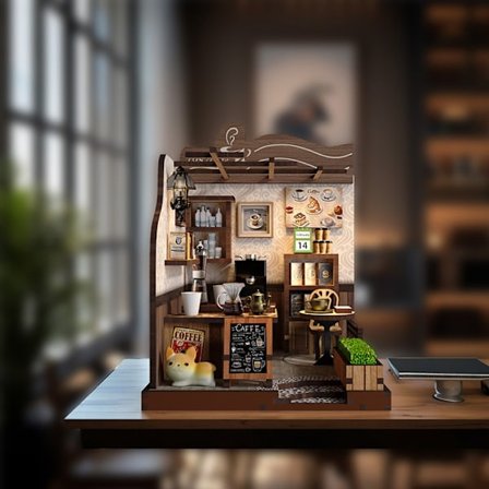 DIY kaffebar, 3D-monterte bygningsmodeller, kreative leketøysgaver, minihusdekorasjoner