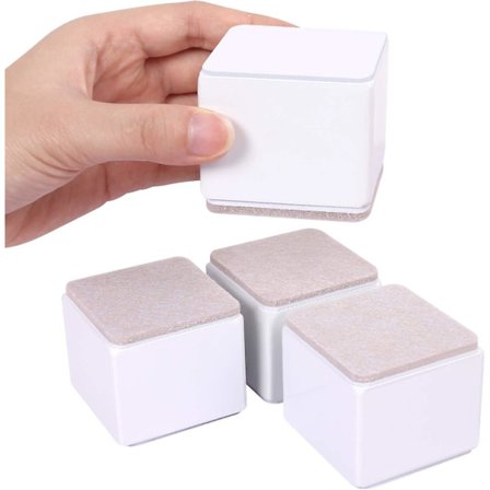 5 cm møbelforhøjere, 6 cm lange sengeforhøjere, kan løfte 5 cm til sofa, seng og garderobe, hvid firkant
