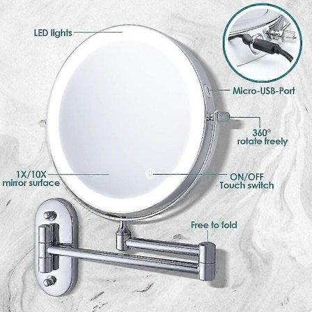 Seinään kiinnitettävä meikkipeili, seinään kiinnitettävä valaistu suurentava peili, 1x/10x kaksipuolinen seinään kiinnitettävä peili, 360 astetta 