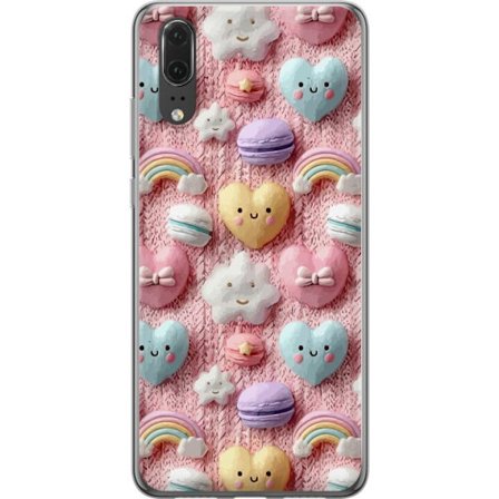 Kompatibelt Mobildeksel til Huawei P20 Pastellmotiv med hjerter, skyer, regnbuer og makroner mot rosa bakgrunn i en søt drømmende stil.