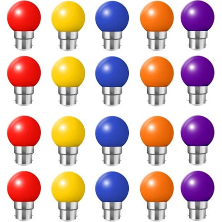 20-pakning B22 2W LED-lamper, energibesparende fargerike lyspærer, rød, gul, blå, grønn, lilla [Energiklasse B]