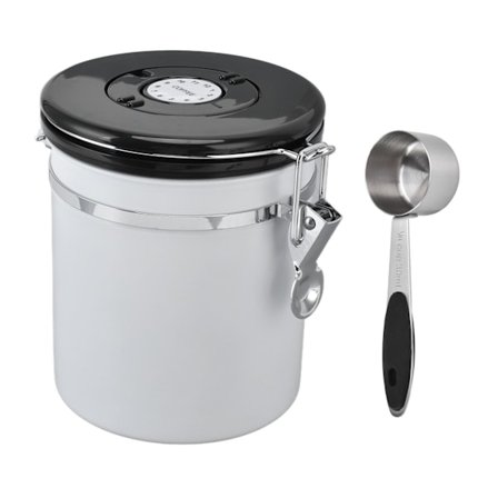 Lufttæt kaffedåse med datomarkør og CO2-udløsningsventil, beholder i rustfrit stål, hvid