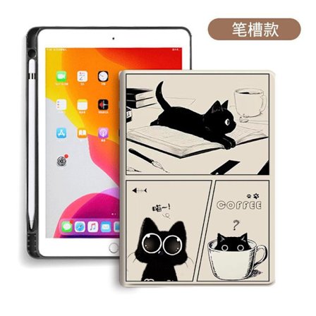 Fodral för iPad 2019/2020 10.2" Pennhållare och Bokstöd Söt Svart Katt Komplett Paket