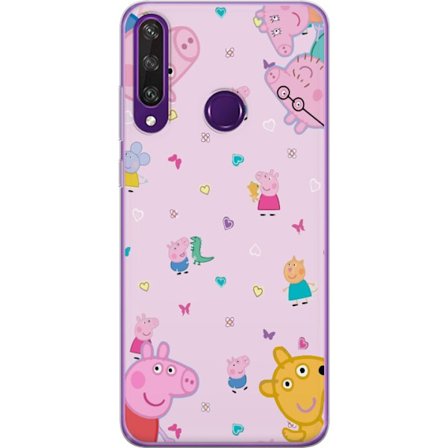 Kompatibelt Mobildeksel til Huawei Y6p Peppa Gris med en baby i armene, mamma gris motiv i fargerik og myk barneillustrasjon med hjerter