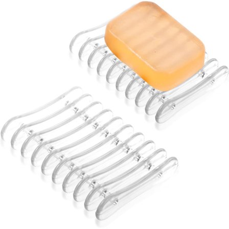 Et sett med 2 transparente såpekopper i plast, egnet for dusjer, bad og kjøkken, enkle å rengjøre og holder såpen tørr (2 stk.).