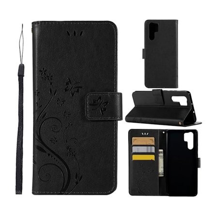 Huawei P30 Pro Lommeboketui I Skinn Med Blomster Og Sommerfugltrykk - Svart