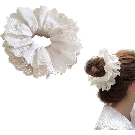 Vita spets scrunchies stora hår scrunchies för kvinnor, elastiska hårband scrunchy mjuka hårband rep, tofs hållare hår Lolita scrunchie