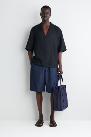 COS Men's Camisa De Lino Con Cuello Abierto in Azul