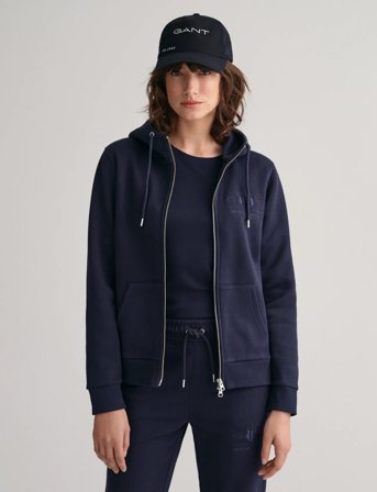 GANT Reg Tonal Shield Zip Hoodie - Navy - M