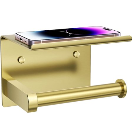 Toalettpapirholder med telefonstativ, veggmontert toalettpapirrullholder med lim eller skruer, baderomsoppbevaringsenhet (børstet gull).