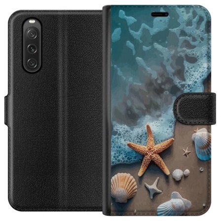 Kompatibelt Lommeboketui til Sony Sony Xperia 10 V Sjøstjerne ved havet med skjell stranddesign i rolige blå toner inspirert av sommernatur og havet