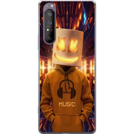 Yhteensopiva Puhelinkuori Sony Sony Xperia 1 II DJ-hahmo valaisevassa kypärässä ja hupparissa futuristisessa musiikkiympäristössä neonvalojen ke