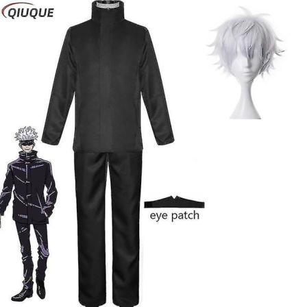2023-anime Jujutsu Kaisen Gojo Satoru Cosplay Kostym Toppar Byxor Ögonlapp Halloween Party Män Uniform Peruker-1-1 Black Package 3 XXXL