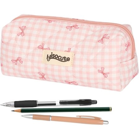 Penalhus med sløjfe, Sødt pink ternet penalhus med sløjfe, Blødt quiltet penalhus til kvinder på kontoret