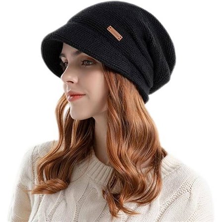 Vinterstrikket visirhue til kvinder, fleeceforet varm pullover-berethue, avisdrengshue med skygge, cloche-ørebeskyttelseshue til kvinder