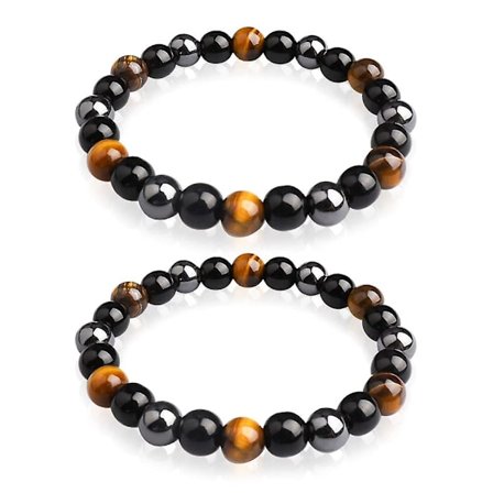 Tigeröga Pärlar Armband, 2 st 8mm Trippelskydd Naturlig Svart Obsidian Hematit Pärlor & Tigeröga Pärlor Armband Unisex