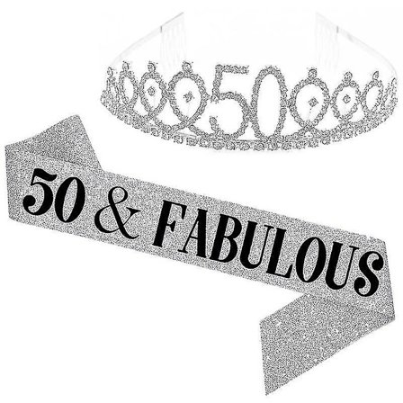 "50 Och Fantastisk" Sash & Rhinestone Tiara Set - 50-årsdag Sash 50-årsdagspresenter Festgåvor, silver