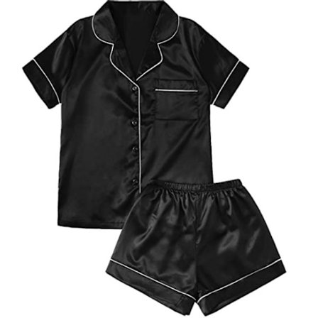 Kvinners kort ermet nattøy knapp ned satin 2-delt pyjamas sett blå XL