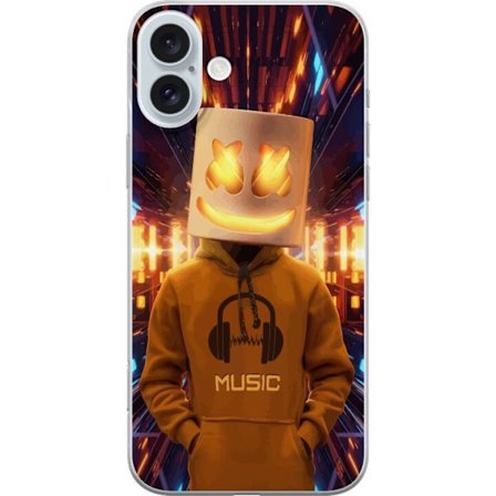 Kompatibel Mobilcover til Apple Apple iPhone 16 Plus DJ-figur med lysende hjelm og hættetrøje i futuristisk musikmiljø med neonlys.