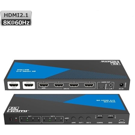 NÖRDIC 8K HDMI 2.1 eARC/ARC matrix switch 4x2 med Extractor Toslink & Stereo, HDMI CEC, Dolby Atmos/Digital Plus, DTS Master