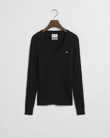 GANT Damen Zopfstrick V-Neck Pullover aus Stretch-Baumwolle (XS) Schwarz