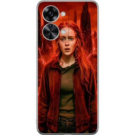 Kompatibelt Mobilskal till OnePlus Nord 2T Porträtt av en ung kvinna med rött hår i en apokalyptisk landskap, röda blixtar och mörka klippformati