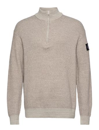 Badge Plated Half Zip Sweater Knitwear Half Zip Pullover Beige Calvin Klein Jeans