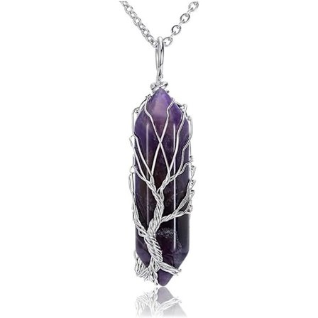 Amethyst Naturlig Helbredende Krystal Sten Halskæde Sølv Træ Liv Wire Wrapped Hexagonal Krystal Poin